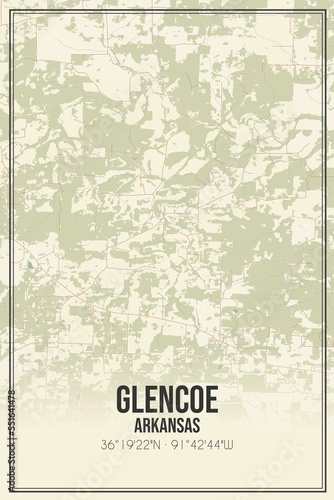 Retro US city map of Glencoe  Arkansas. Vintage street map.