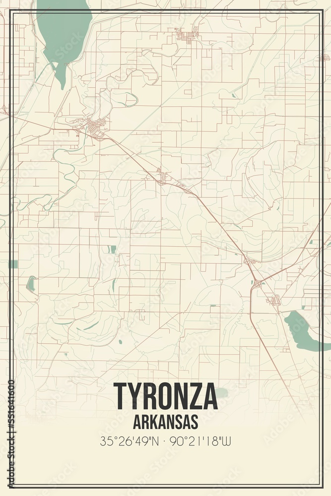 Retro US city map of Tyronza, Arkansas. Vintage street map.