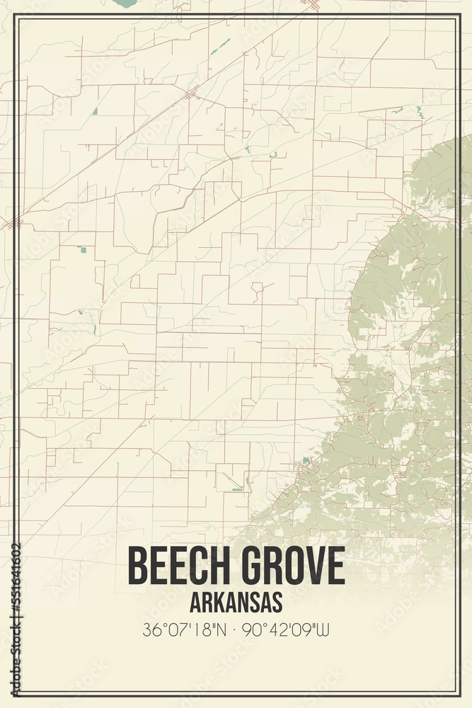 Retro US city map of Beech Grove, Arkansas. Vintage street map.