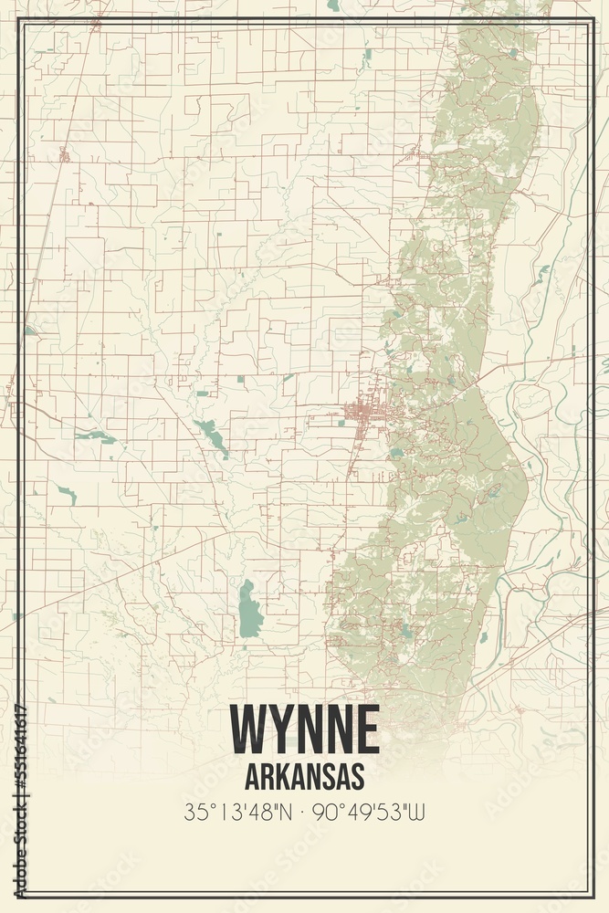 Retro US city map of Wynne, Arkansas. Vintage street map.