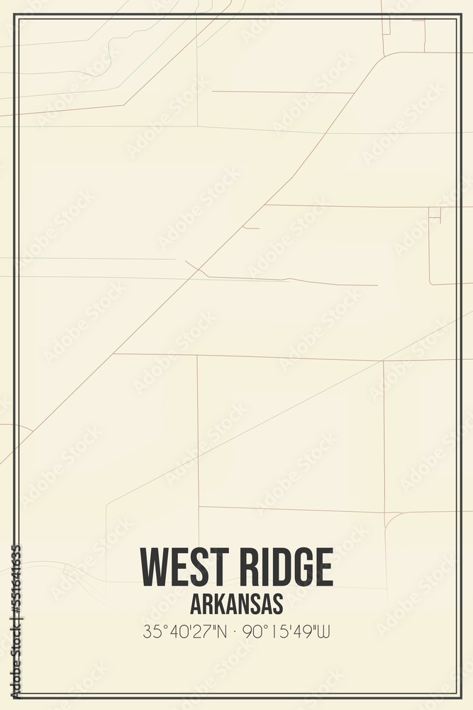Retro US city map of West Ridge, Arkansas. Vintage street map. Retro US city map of West Ridge, Arkansas. Vintage street map.