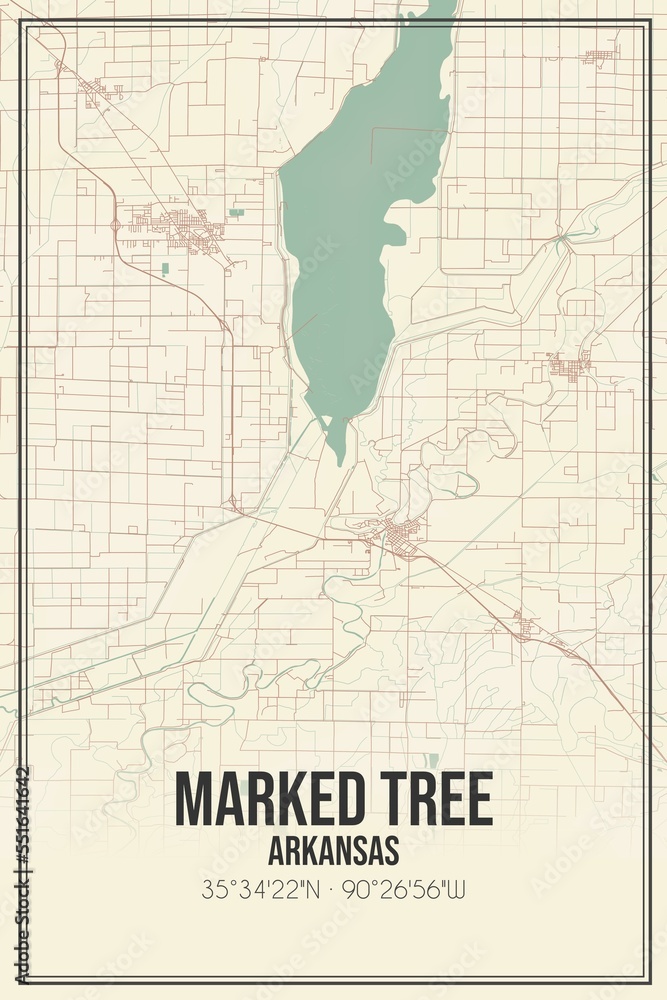 Retro US city map of Marked Tree, Arkansas. Vintage street map. Stock