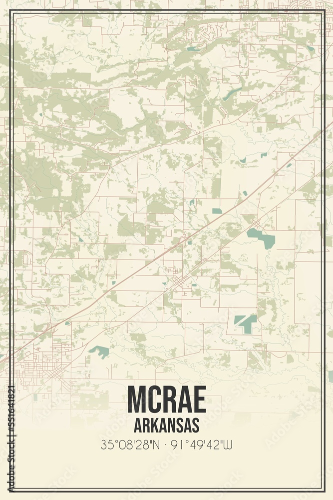 Retro US city map of McRae, Arkansas. Vintage street map.