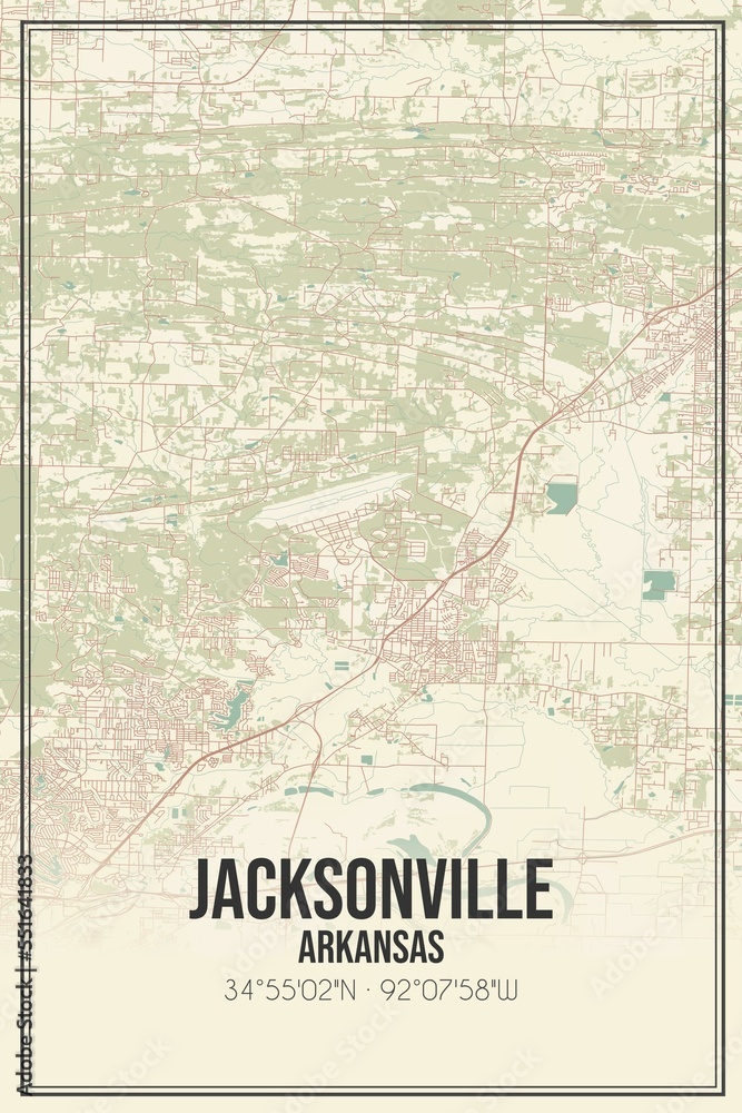 Retro US city map of Jacksonville, Arkansas. Vintage street map.