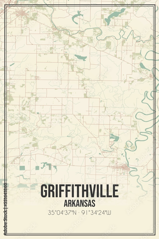 Retro US city map of Griffithville, Arkansas. Vintage street map.