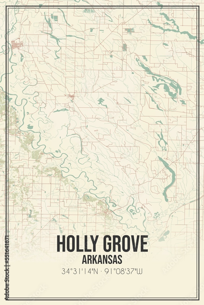 Retro US city map of Holly Grove, Arkansas. Vintage street map.