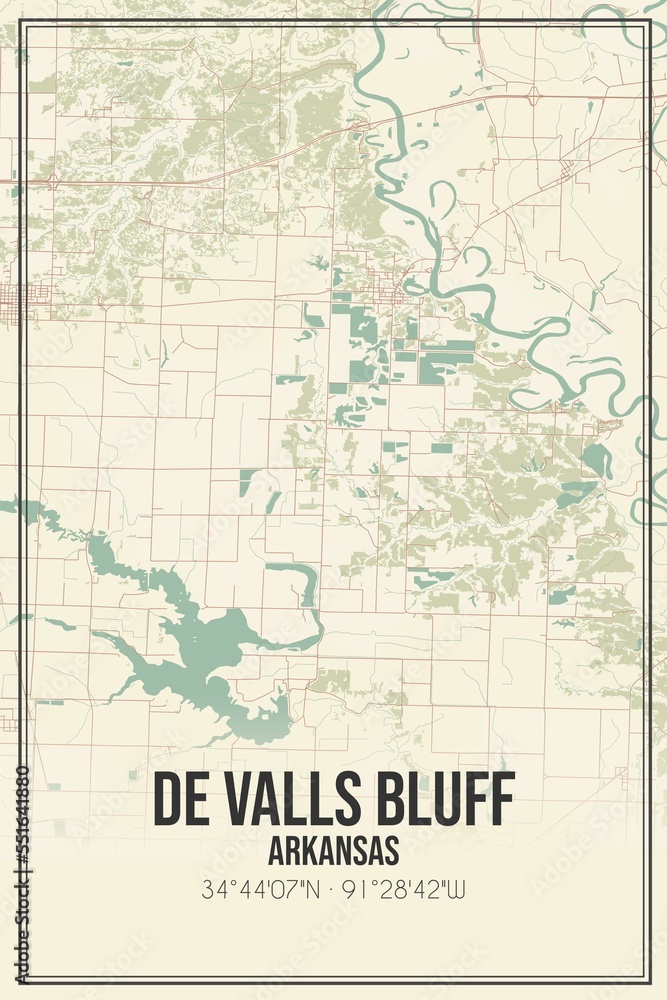 Retro US city map of De Valls Bluff, Arkansas. Vintage street map.