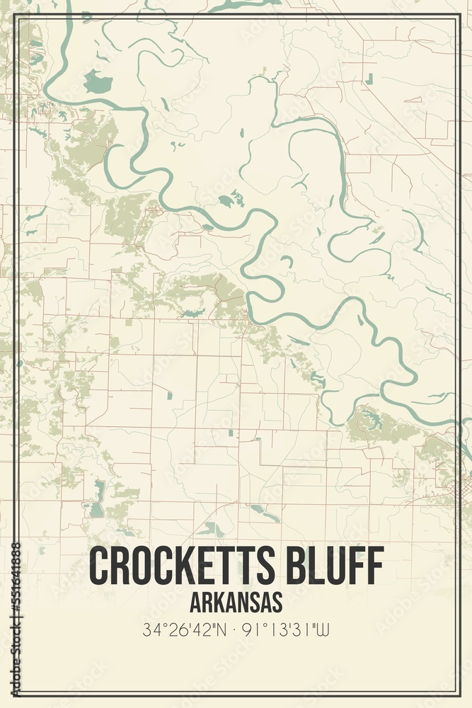 Retro US city map of Crocketts Bluff, Arkansas. Vintage street map.