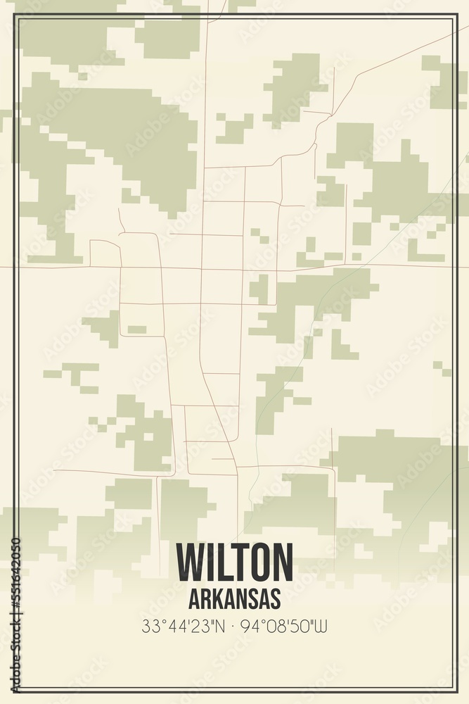 Retro US city map of Wilton, Arkansas. Vintage street map.