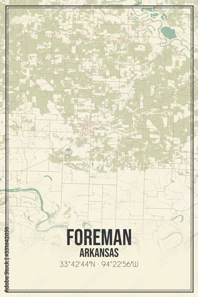 Retro US city map of Foreman, Arkansas. Vintage street map.