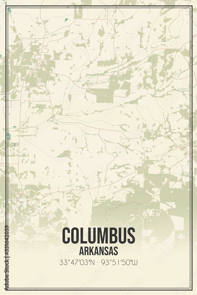 Retro US city map of Columbus, Arkansas. Vintage street map.