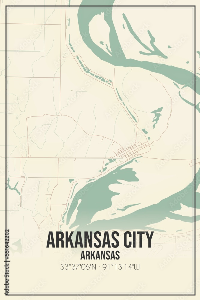 Retro US city map of Arkansas City, Arkansas. Vintage street map.