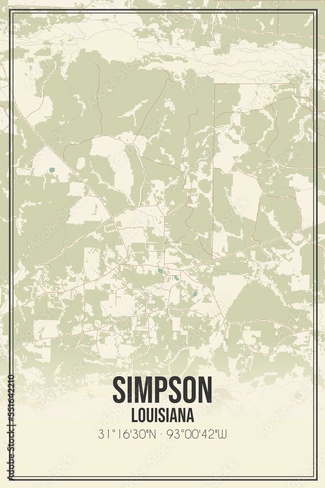 Retro US city map of Simpson, Louisiana. Vintage street map.