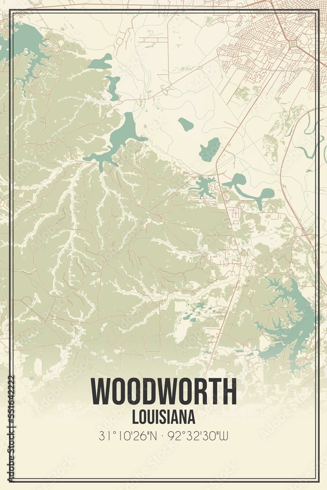 Obraz premium Retro US city map of Woodworth, Louisiana. Vintage street map.