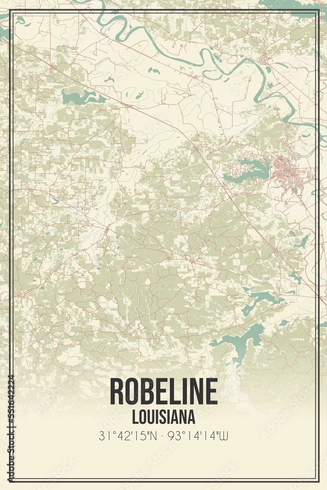 Retro US city map of Robeline, Louisiana. Vintage street map.