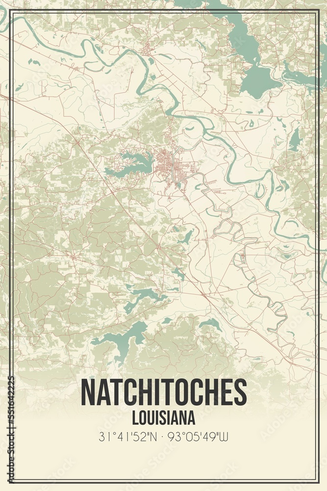 Retro US city map of Natchitoches, Louisiana. Vintage street map.