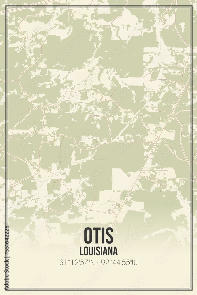 Retro US city map of Otis, Louisiana. Vintage street map.