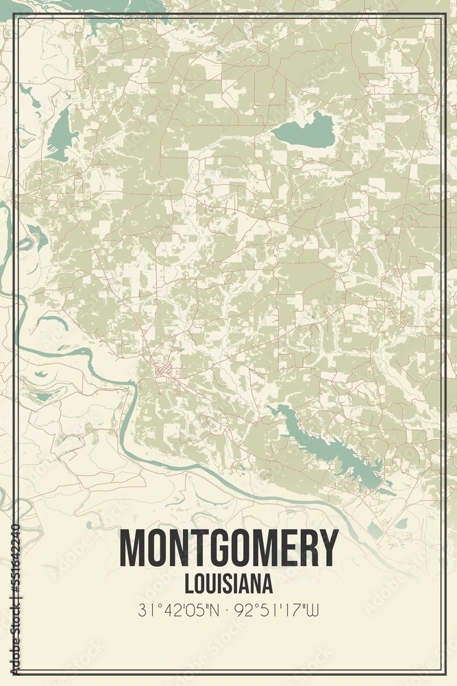 Retro US city map of Montgomery, Louisiana. Vintage street map.