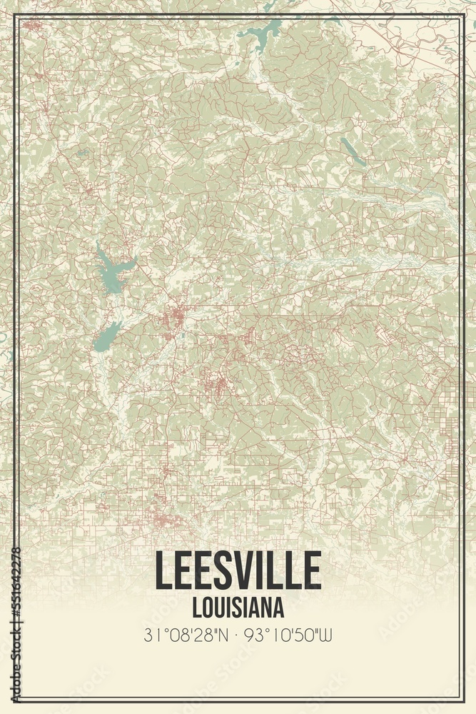 Retro US city map of Leesville, Louisiana. Vintage street map.
