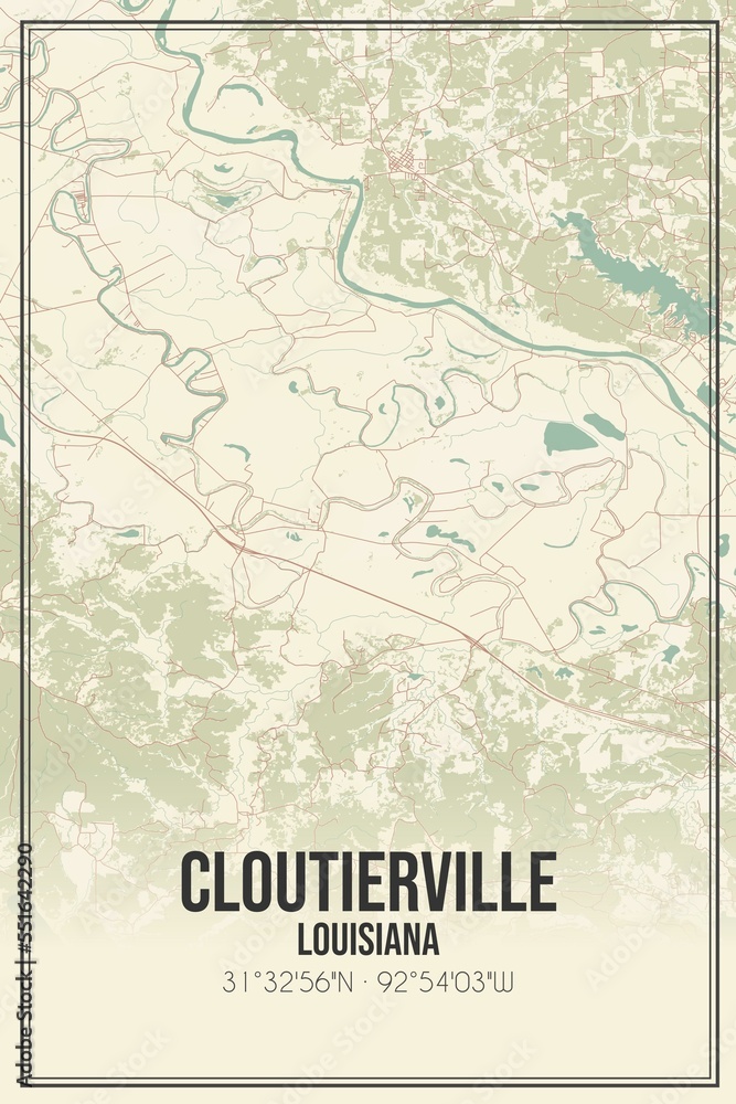 Retro US city map of Cloutierville, Louisiana. Vintage street map.