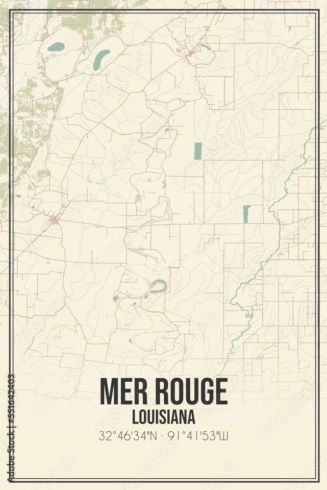 Retro US city map of Mer Rouge, Louisiana. Vintage street map.