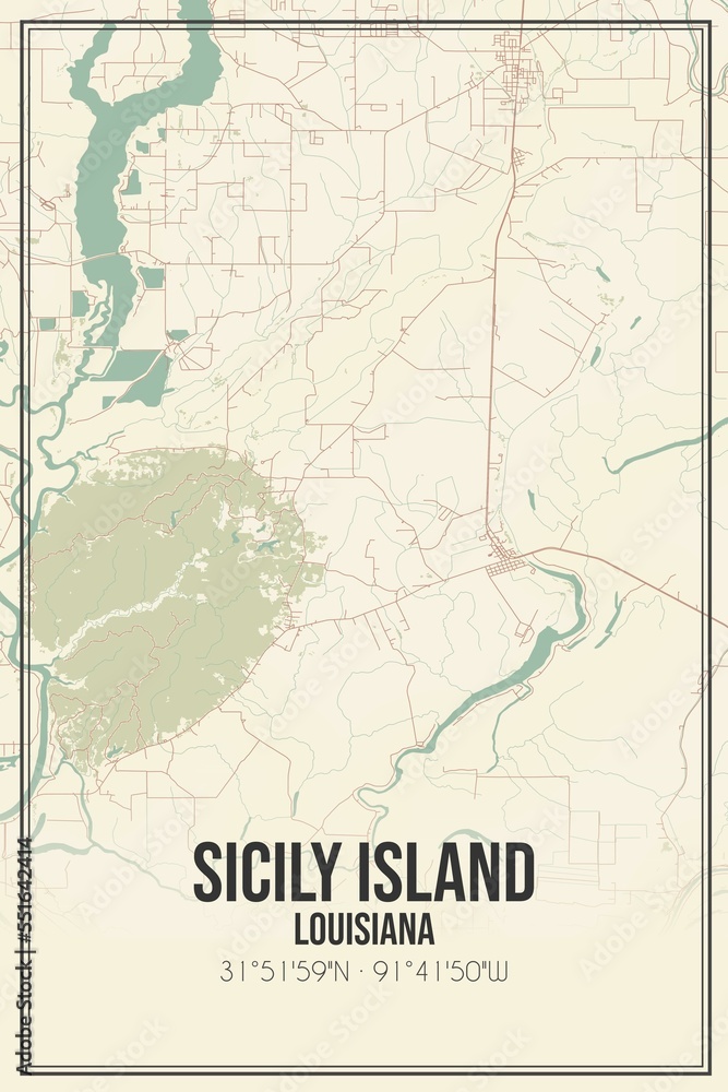 Retro US city map of Sicily Island, Louisiana. Vintage street map.