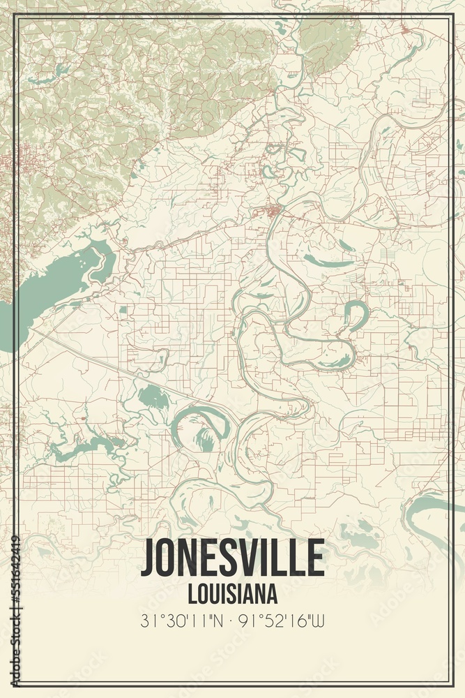 Fototapeta premium Retro US city map of Jonesville, Louisiana. Vintage street map.