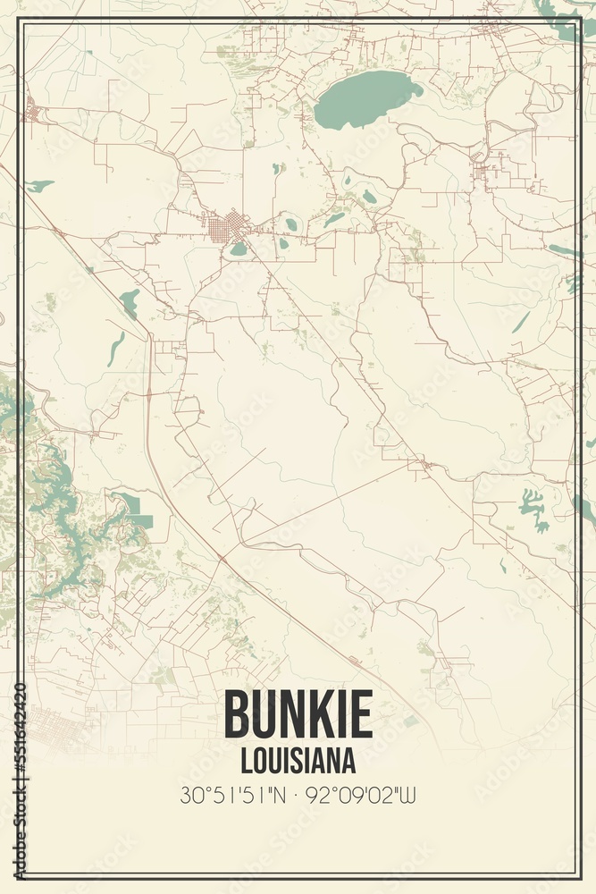 Retro US city map of Bunkie, Louisiana. Vintage street map.