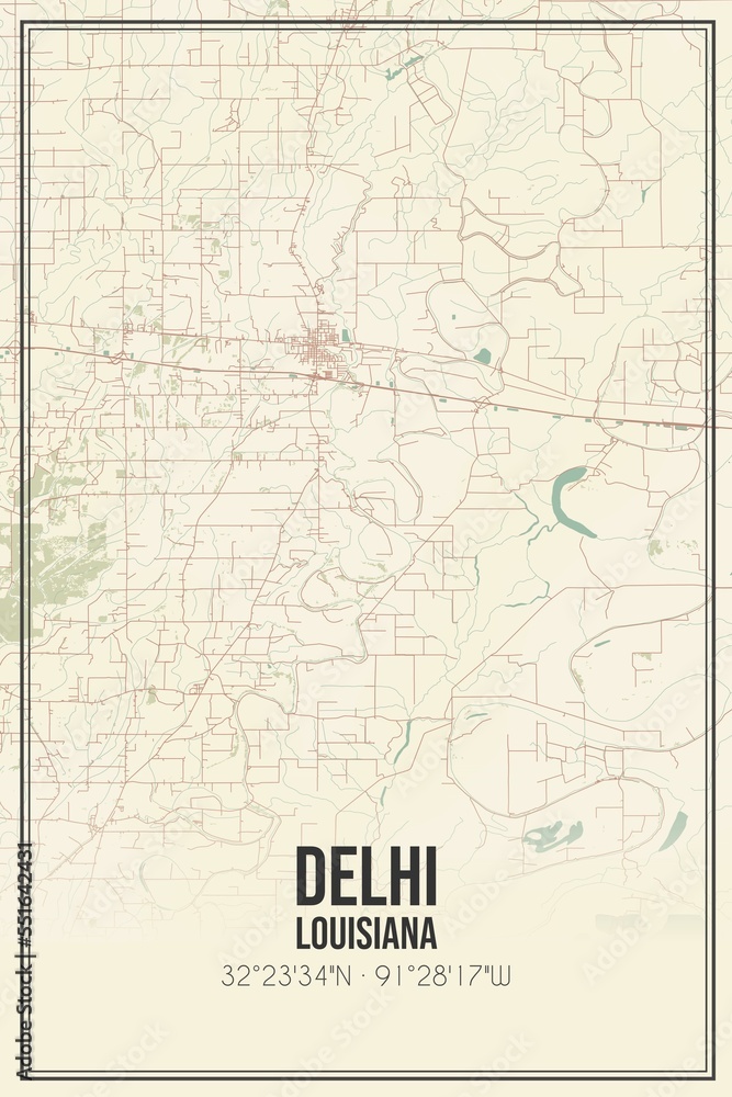 Retro US city map of Delhi, Louisiana. Vintage street map.