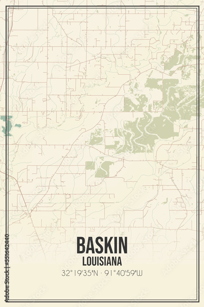 Retro US city map of Baskin, Louisiana. Vintage street map.