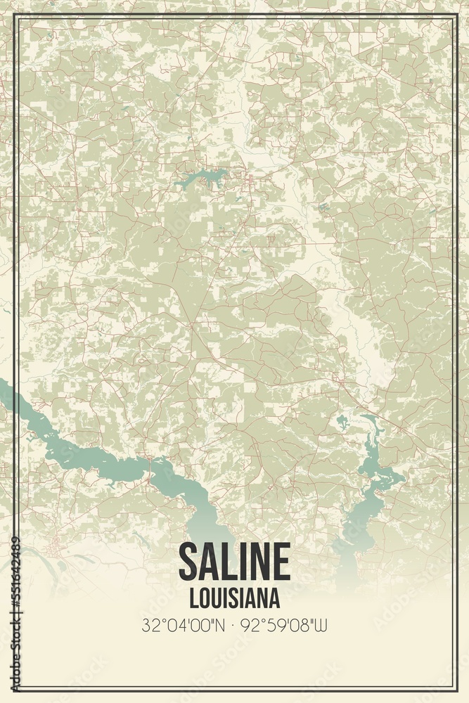 Retro US city map of Saline, Louisiana. Vintage street map.