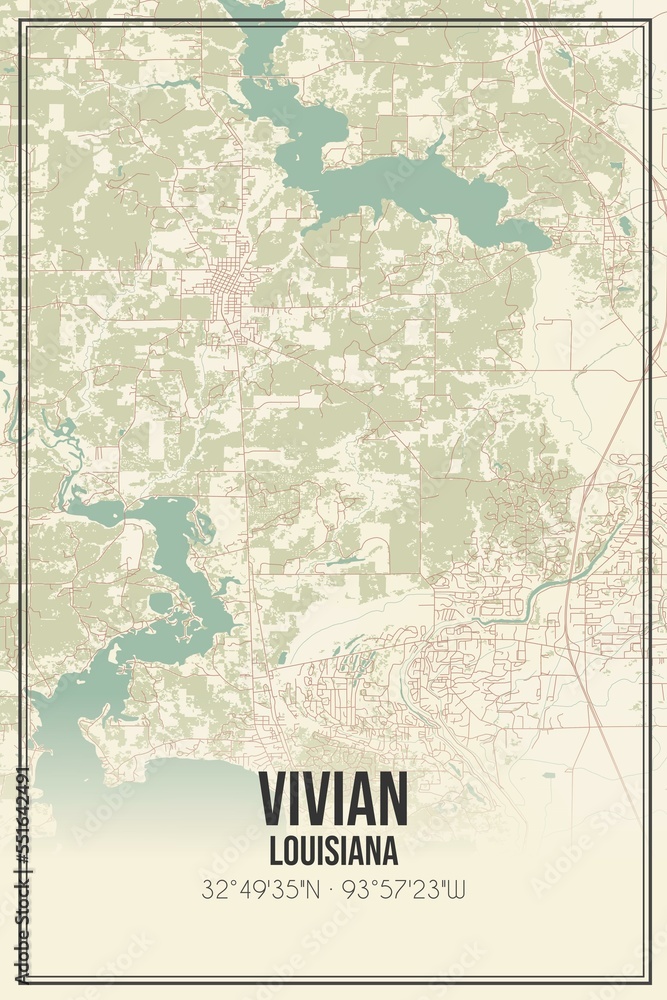 Retro US city map of Vivian, Louisiana. Vintage street map.