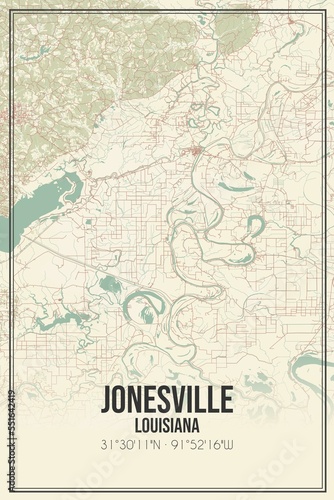Retro US city map of Jonesville, Louisiana. Vintage street map. photo