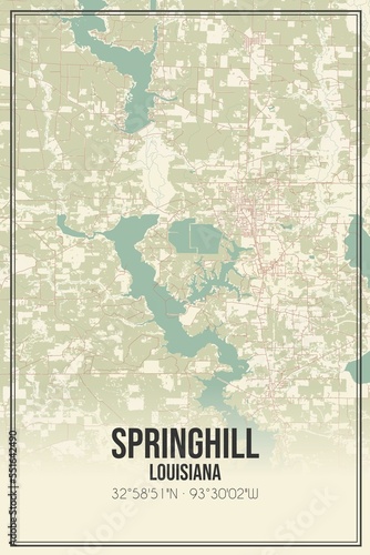 Retro US city map of Springhill, Louisiana. Vintage street map. photo