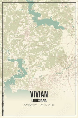 Retro US city map of Vivian  Louisiana. Vintage street map.