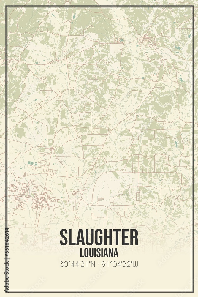 Retro US city map of Slaughter, Louisiana. Vintage street map.