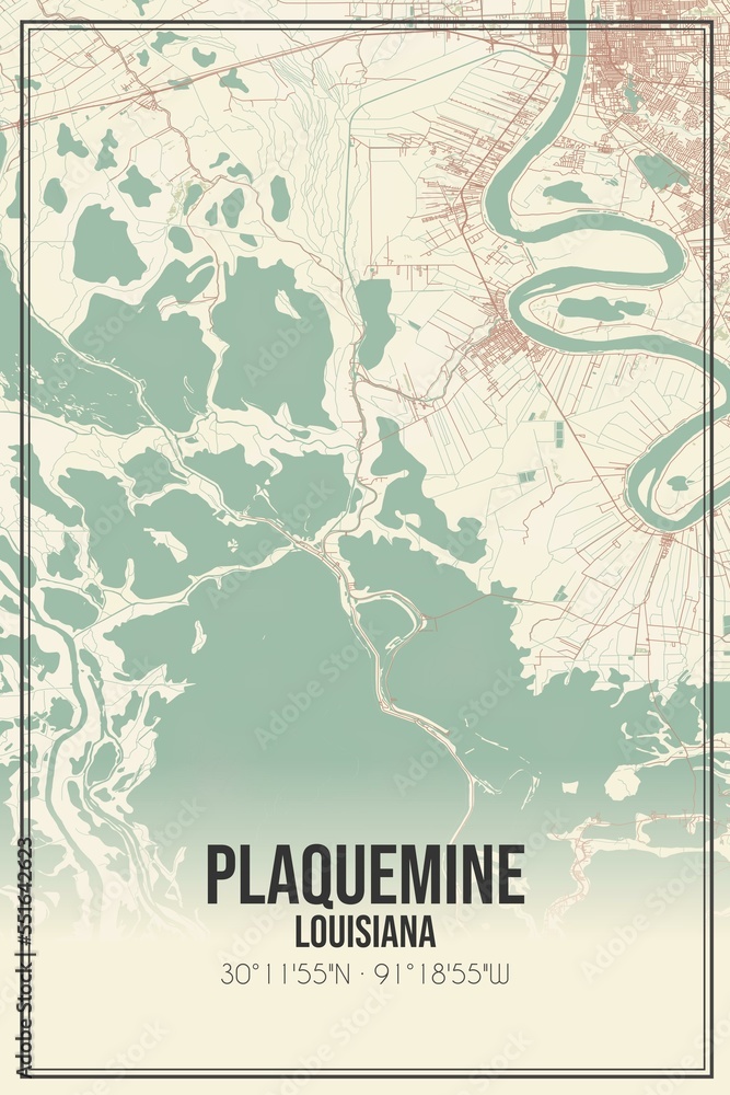 Obraz premium Retro US city map of Plaquemine, Louisiana. Vintage street map.