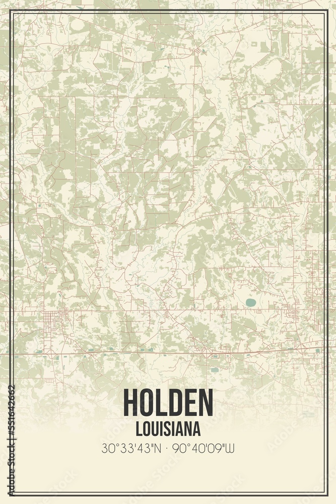 Retro US city map of Holden, Louisiana. Vintage street map.
