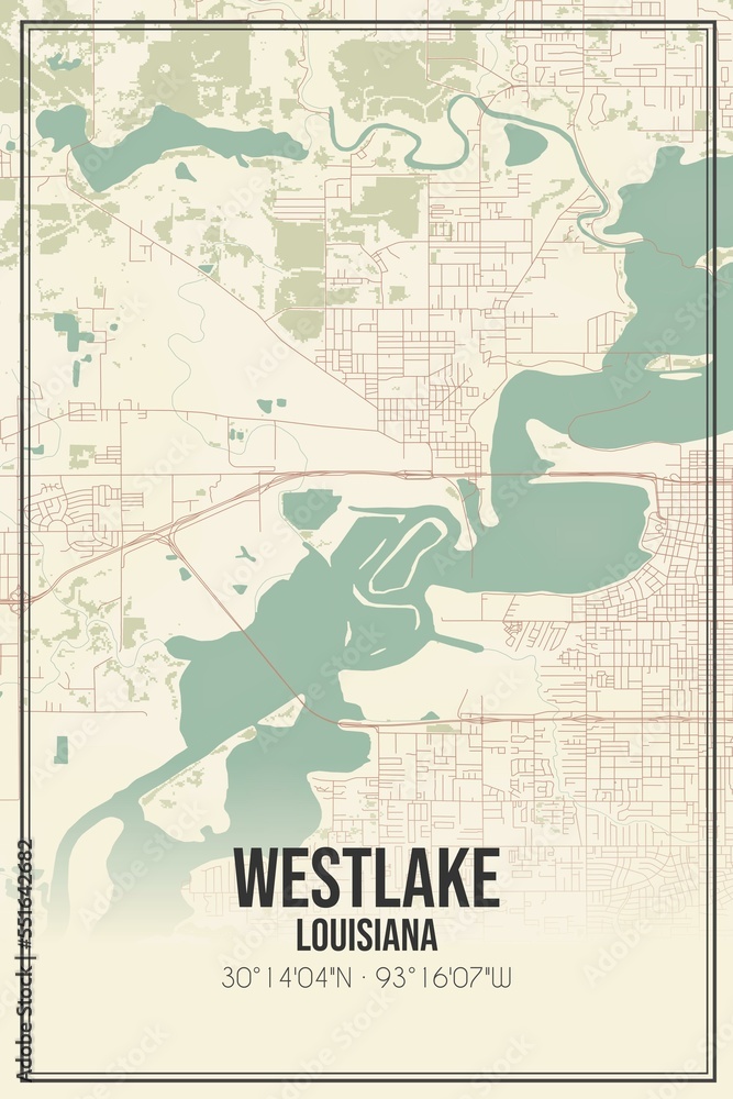 Retro US city map of Westlake, Louisiana. Vintage street map.