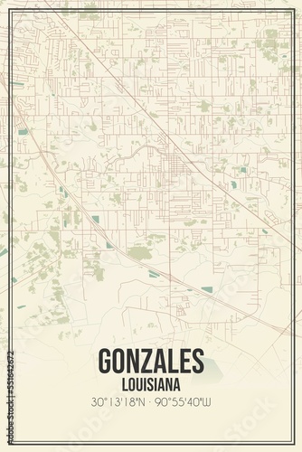 Retro US city map of Gonzales, Louisiana. Vintage street map. photo