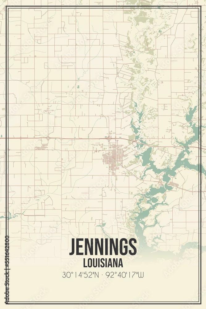 Retro US city map of Jennings, Louisiana. Vintage street map.