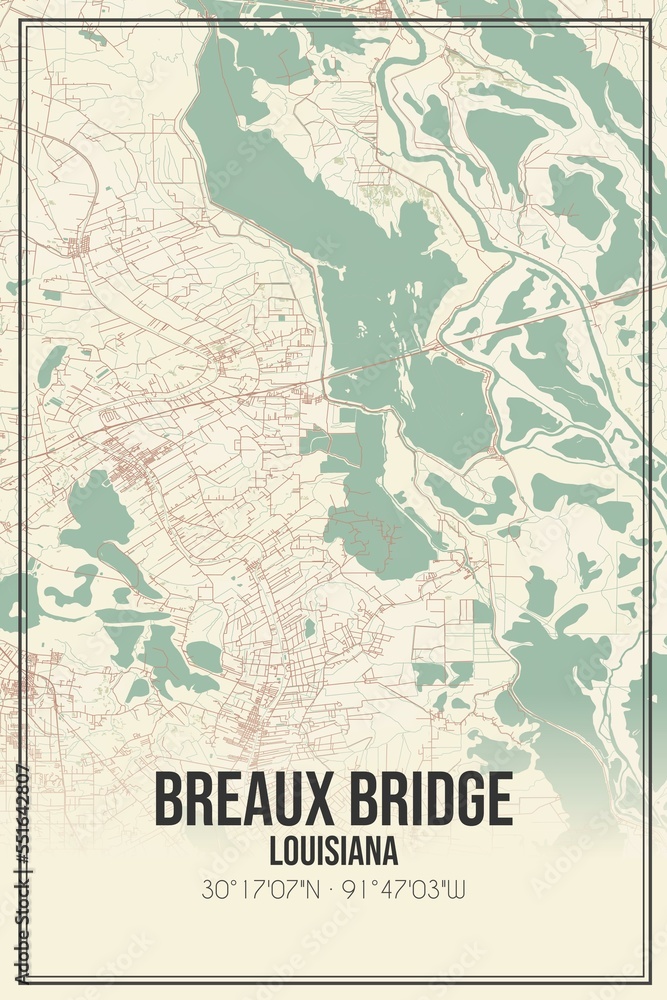 Retro US city map of Breaux Bridge, Louisiana. Vintage street map.