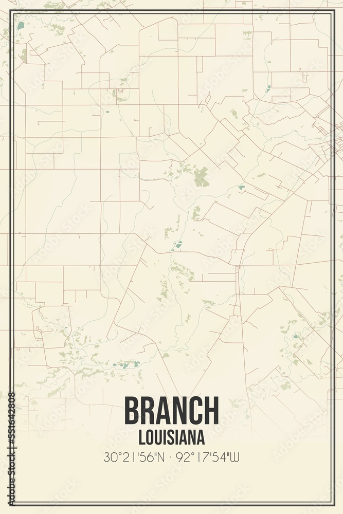 Retro US city map of Branch, Louisiana. Vintage street map.