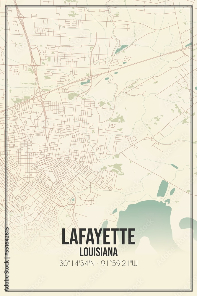 Retro US city map of Lafayette, Louisiana. Vintage street map.