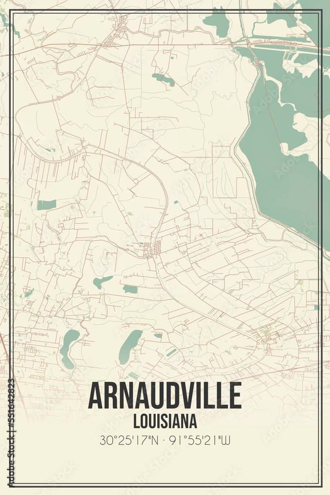 Retro US city map of Arnaudville, Louisiana. Vintage street map.