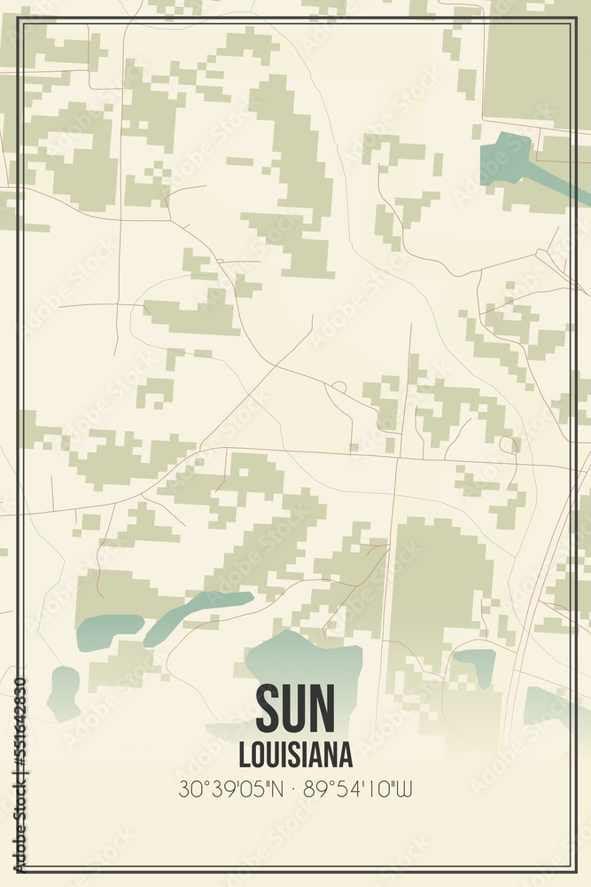 Retro US city map of Sun, Louisiana. Vintage street map.
