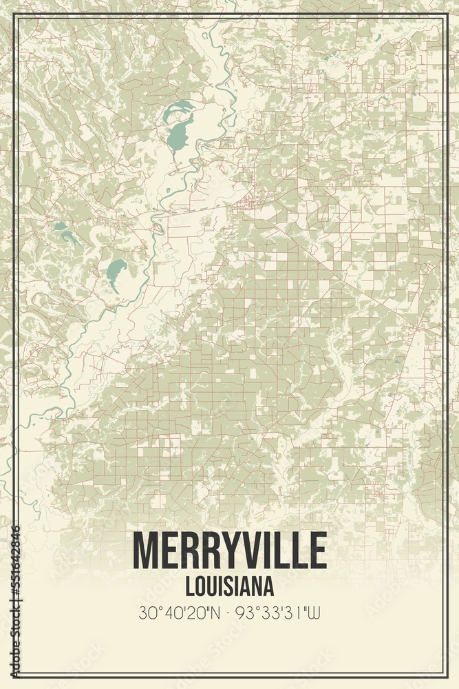 Retro US city map of Merryville, Louisiana. Vintage street map.