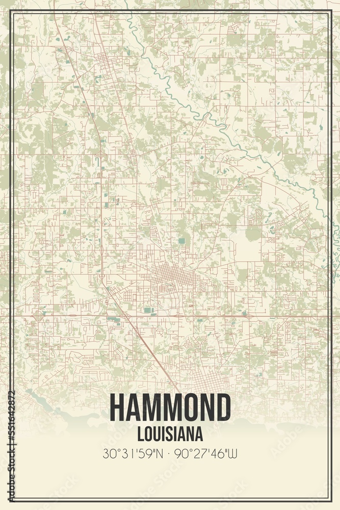 Retro US city map of Hammond, Louisiana. Vintage street map.