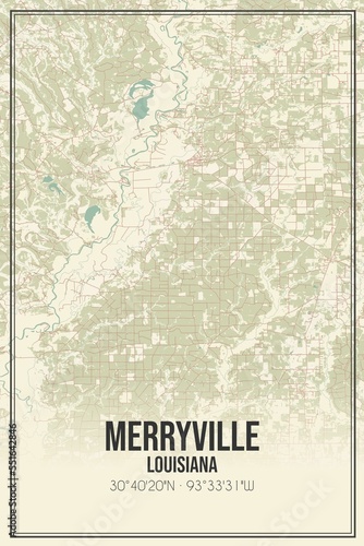 Retro US city map of Merryville  Louisiana. Vintage street map.