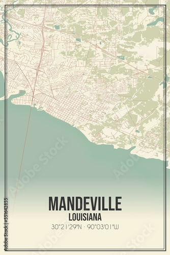 Retro US city map of Mandeville, Louisiana. Vintage street map. photo